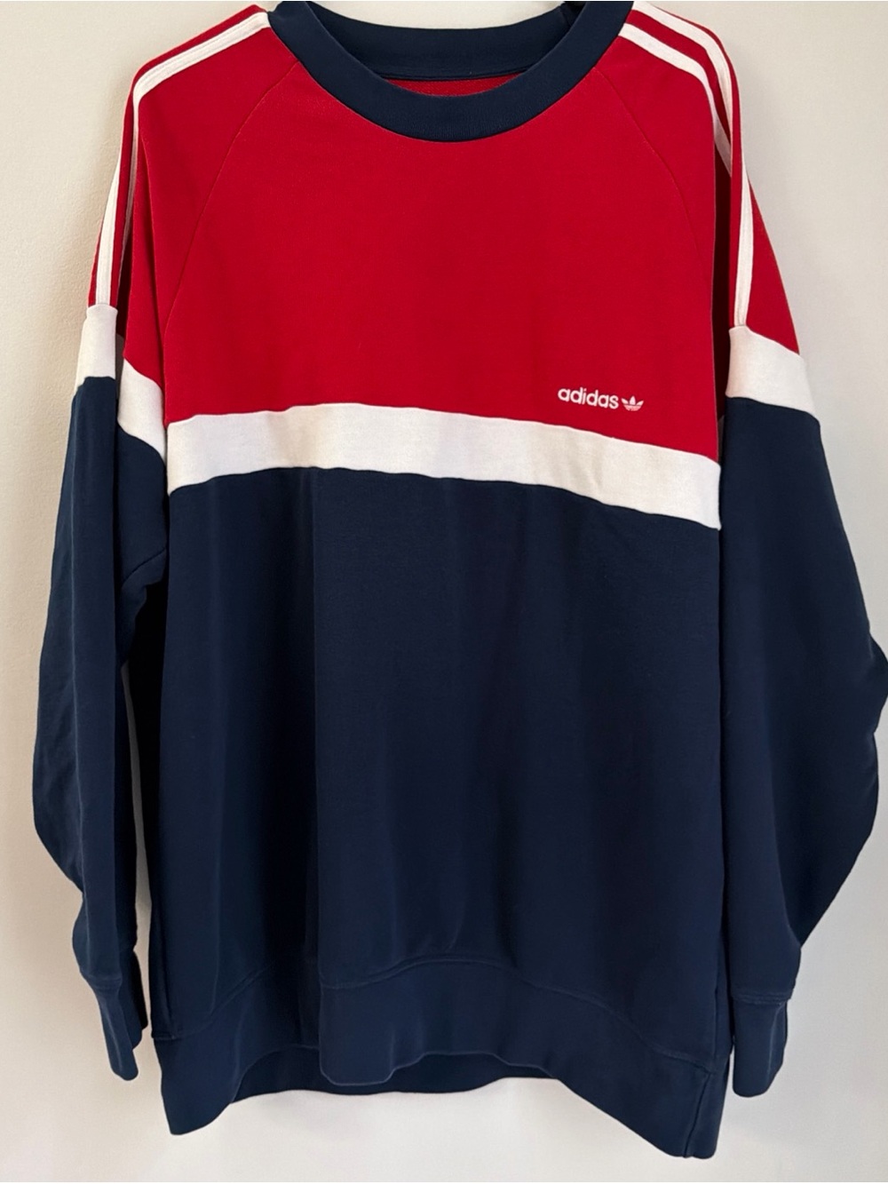 Adidas Originals Trefoil Crewneck Sweatshirt XL Red Navy White Colorblock - Picture 2 of 8